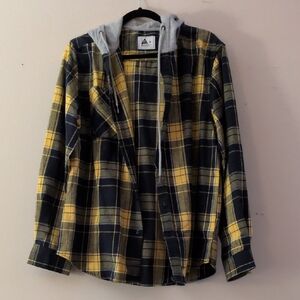 Yellow and Navy Blue Plaid Shirt with Hood